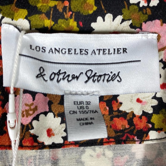 & Other Stories Extra Puff Sleeves Mini Dress Floral Pink Black Size 0 NWT - Picture 13 of 13